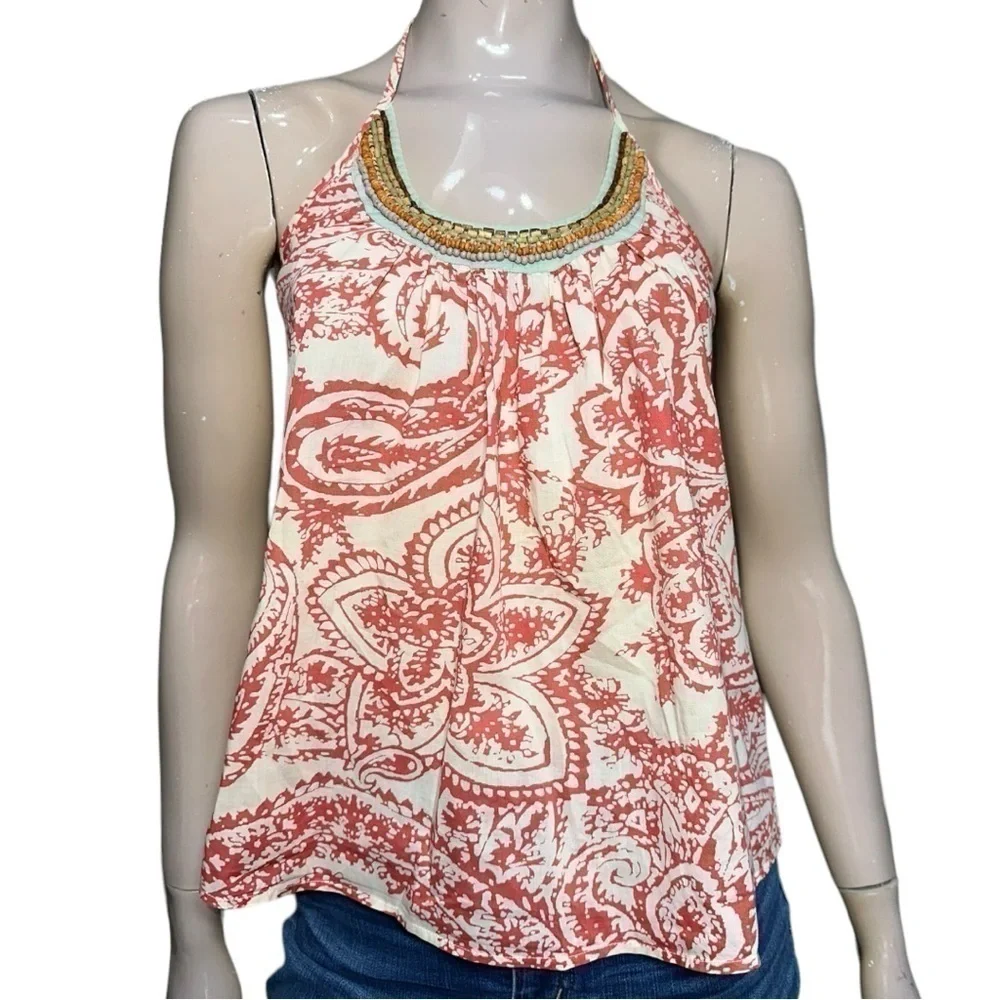 Fourtys Anthropologie S Red White Paisley Print Wooden Bead Neckline Halter Top